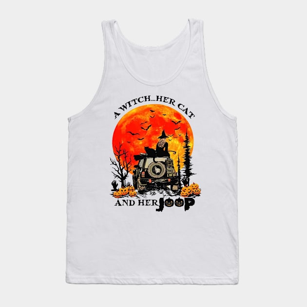 A Witch Her Cat And Her Jeep Halloween Moon Tank Top by nikolay